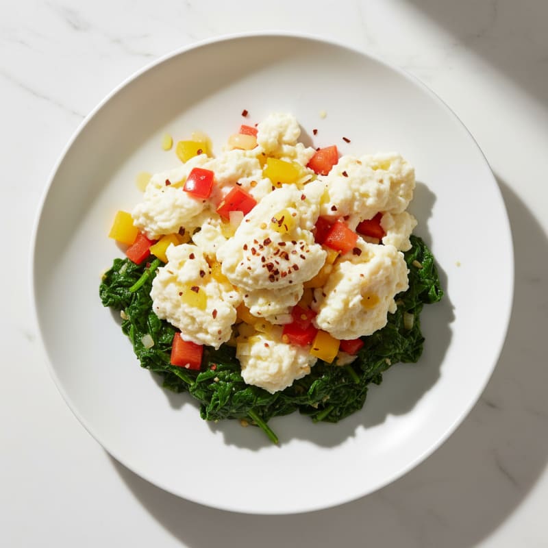 Egg White Veggie Scramble with Sautéed Spinach
