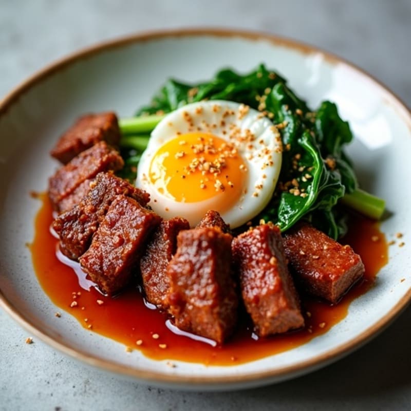 Crispy Gochujang Beef with Quick-Sautéed Sesame Greens