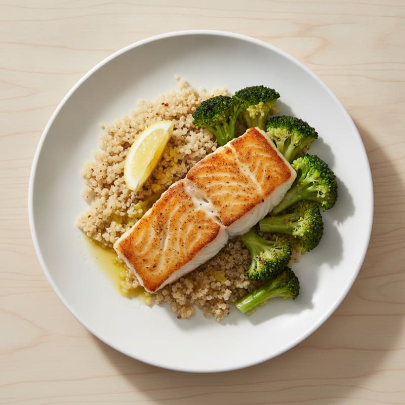 Seared Cod with Steamed Broccoli and Quinoa