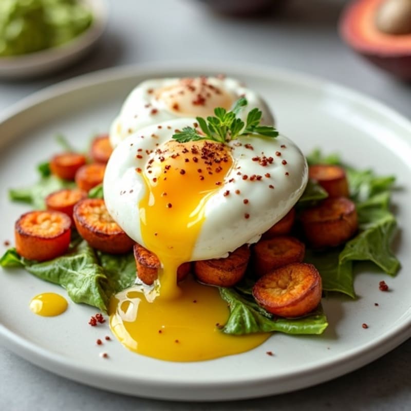 Poached Eggs with Crispy Sweet Potato Hash and Creamy Avocado Sauce