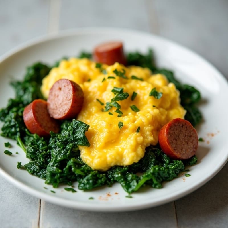 Scrambled Eggs with Sautéed Spinach and Lean Turkey Sausage
