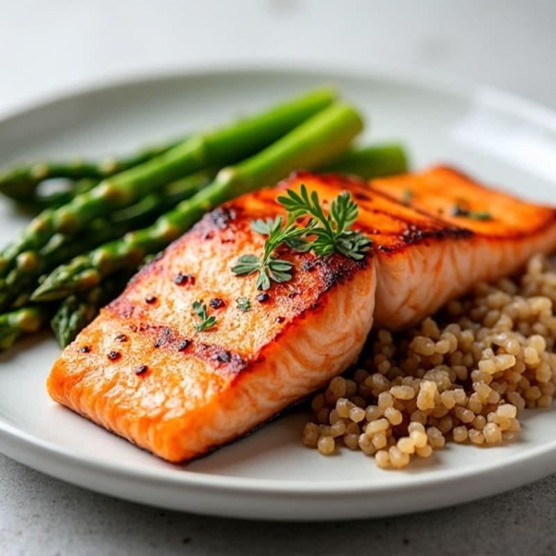 Seared Salmon with Steamed Asparagus and Brown Rice
