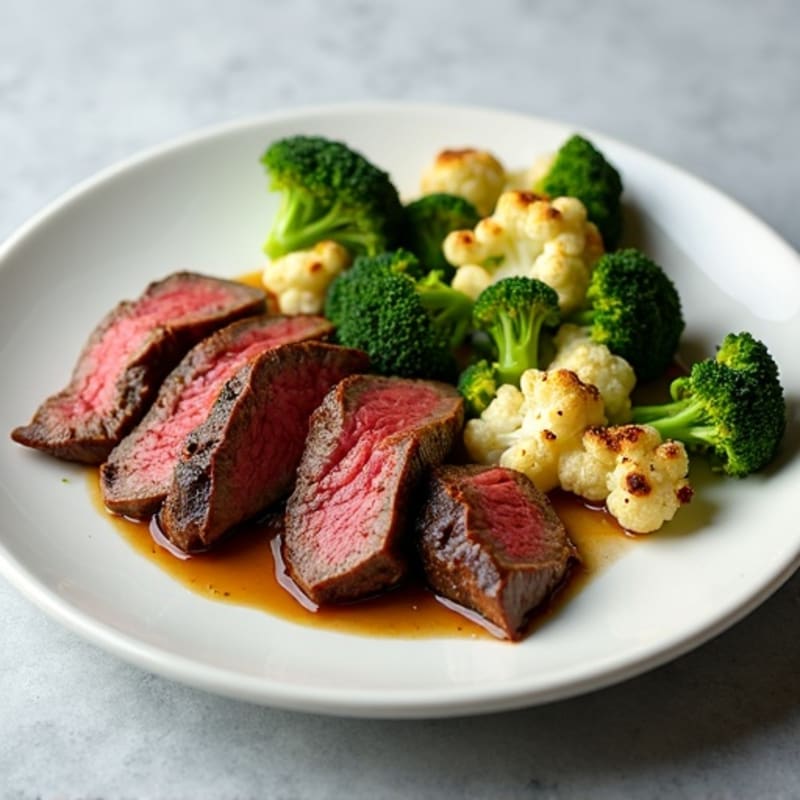 Seared Lean Beef Strips with Roasted Broccoli and Cauliflower