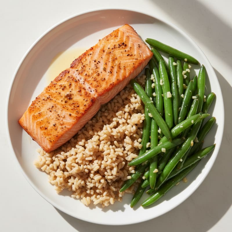 Seared Salmon with Garlic Green Beans and Brown Rice