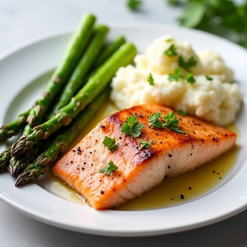 Seared Salmon with Steamed Asparagus and Garlic Mashed Cauliflower
