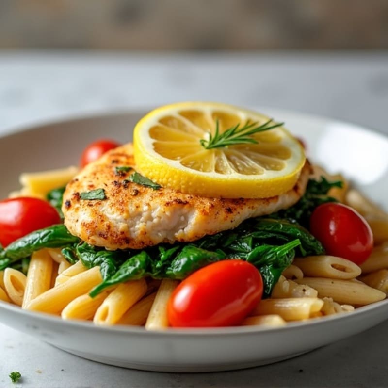 Tender Lemon Garlic Chicken with Whole Wheat Pasta, Fresh Tomatoes, and Spinach