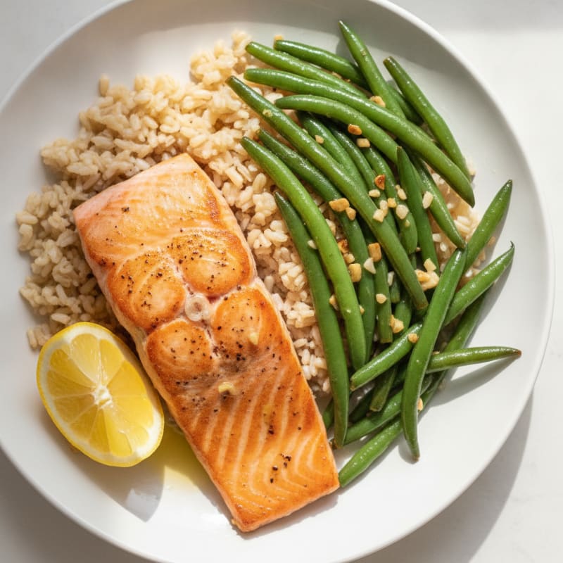 Seared Salmon with Garlic Green Beans and Brown Rice