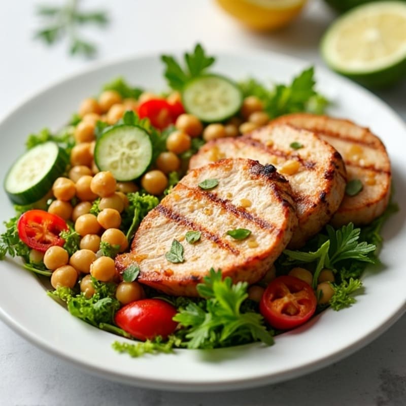 Grilled Chicken Breast Salad with Chickpeas and Crunchy Vegetables