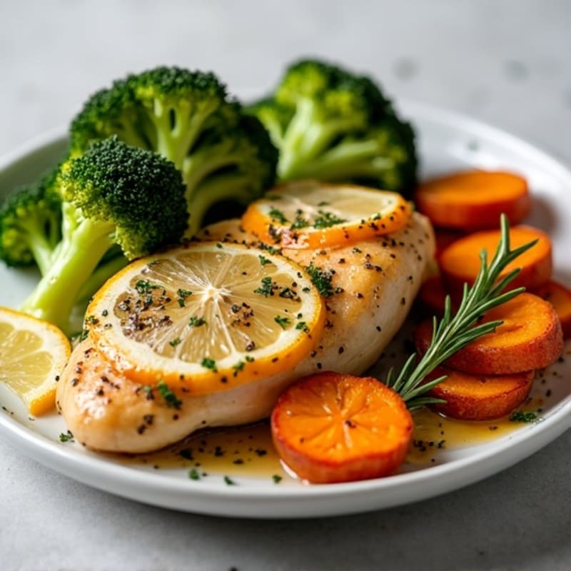 Lemon-Herb Roasted Chicken with Crispy Roasted Broccoli and Sweet Potatoes