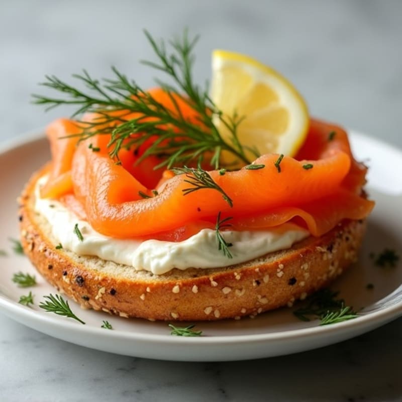 Open-Face Smoked Salmon with Herbed Cream Cheese on Toasted Everything Bagel