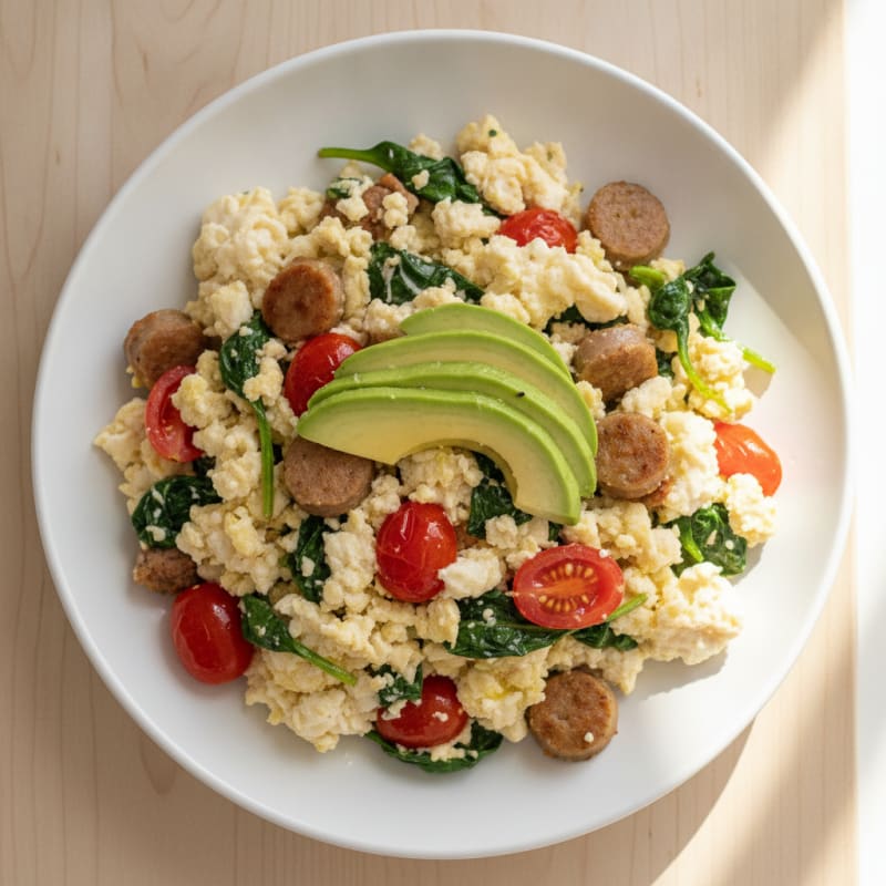 Egg White and Turkey Sausage Scramble with Spinach and Tomatoes