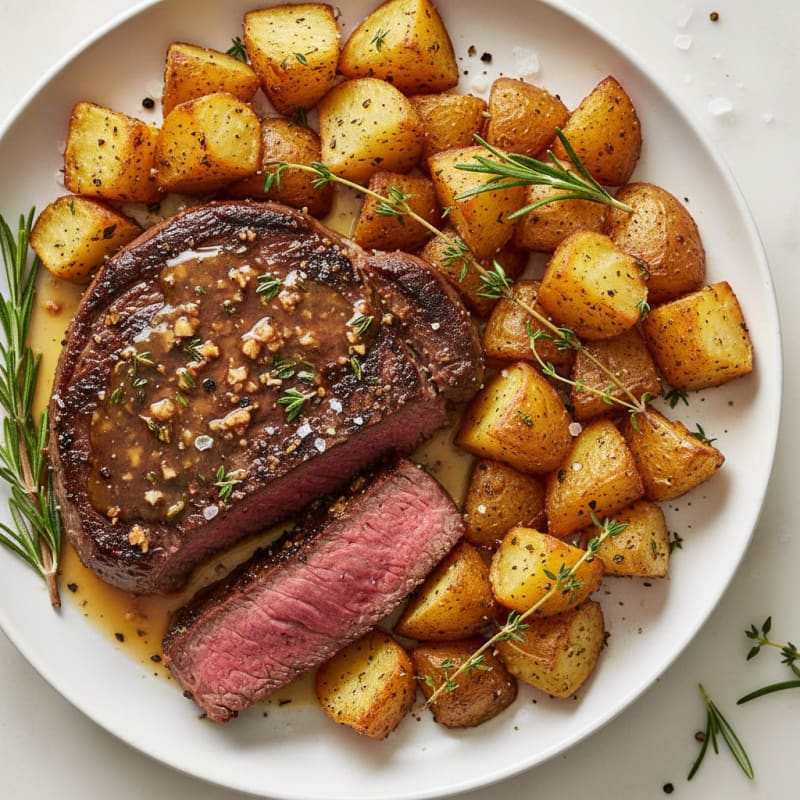 Charred Garlic-Herb Steak with Crispy Potatoes