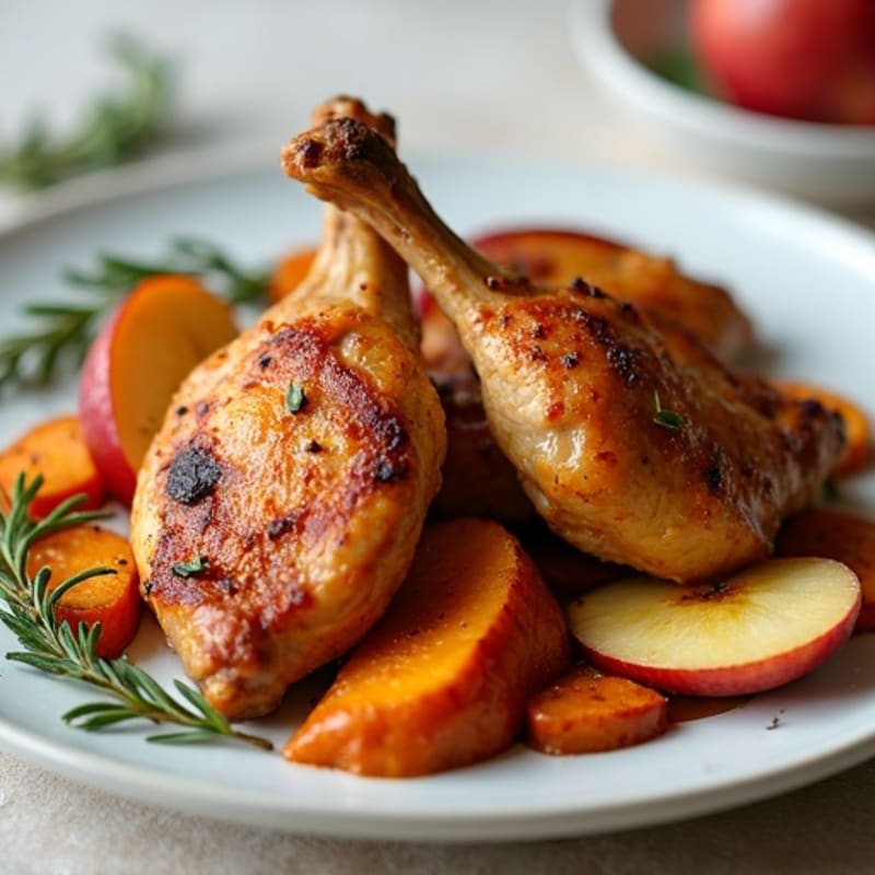 Crispy Baked Chicken Thighs with Roasted Sweet Potatoes and Apples