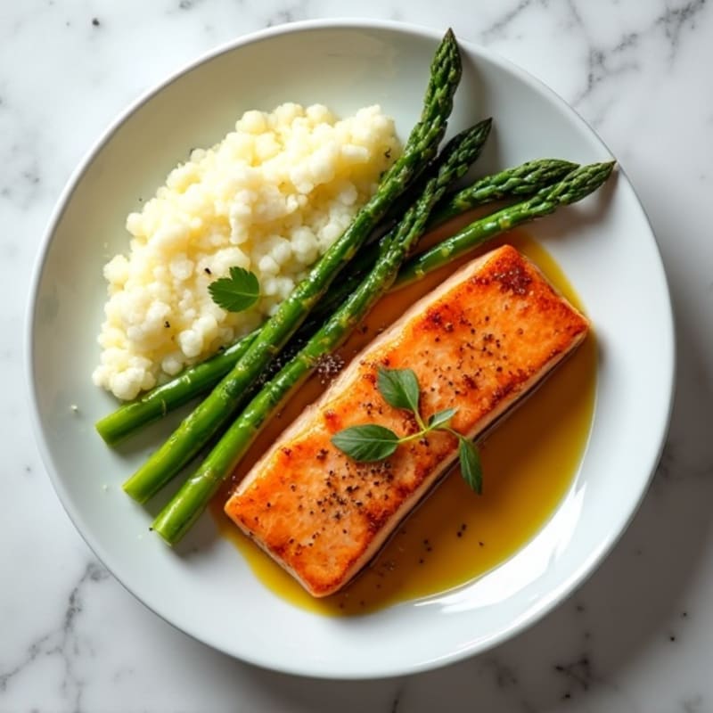 Seared Salmon with Steamed Asparagus and Cauliflower Mash