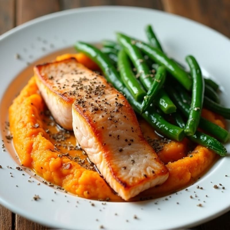 Seared Salmon with Steamed Green Beans and Sweet Potato Mash