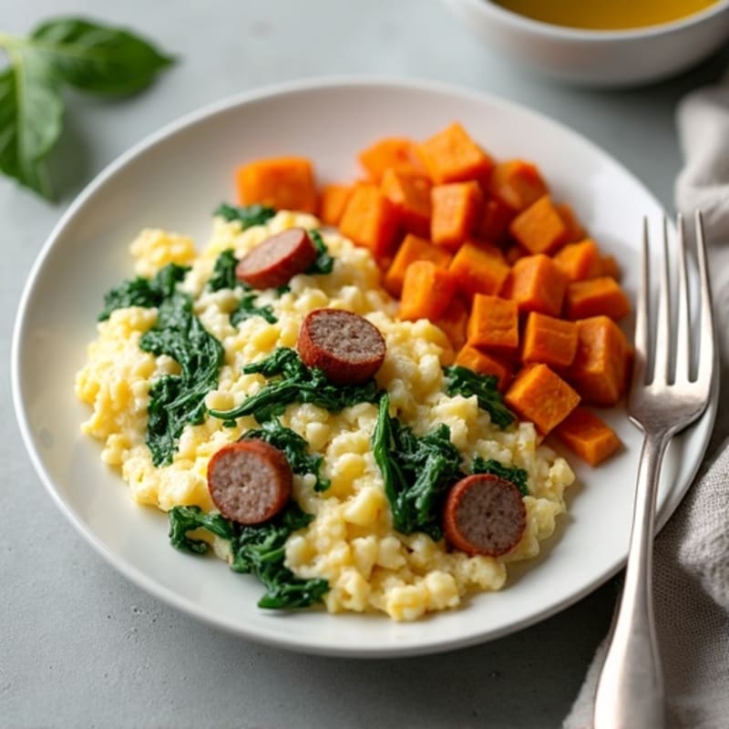 Egg White and Turkey Sausage Scramble with Spinach and Roasted Sweet Potato
