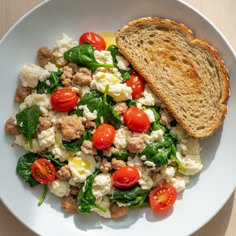 Egg White and Turkey Sausage Scramble with Spinach and Cherry Tomatoes