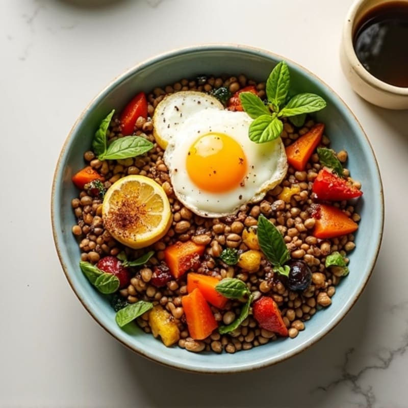 Hearty Lentil and Roasted Vegetable Power Bowl with Toasted Pumpkin Seeds