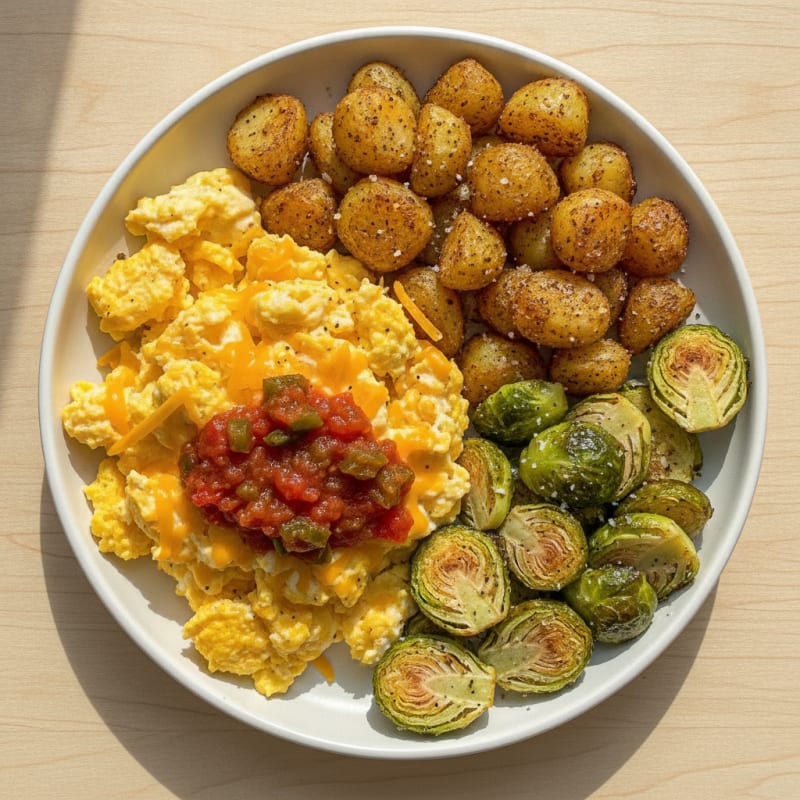 Cheesy Scrambled Eggs with Roasted Potatoes and Brussels Sprouts