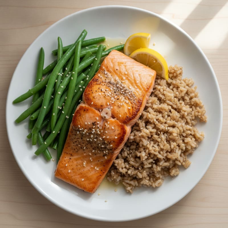 Seared Salmon Fillet with Steamed Green Beans and Brown Rice