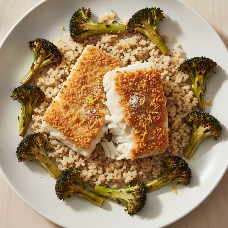 Crispy Baked Cod with Quinoa and Roasted Broccoli