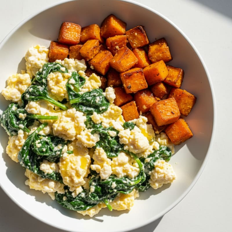 Cottage Cheese Scramble with Spinach and Roasted Sweet Potato