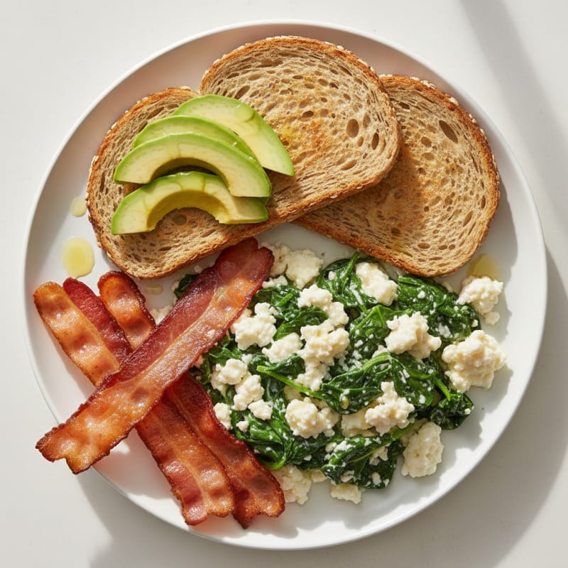 Cottage Cheese Egg White Scramble with Spinach and Turkey Bacon