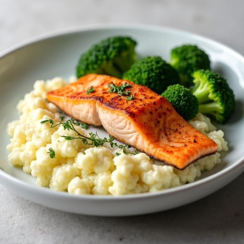 Seared Salmon with Steamed Broccoli and Garlic Mashed Cauliflower
