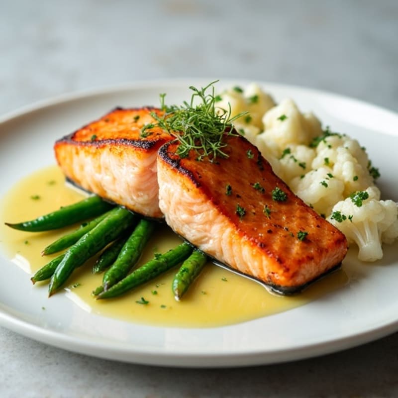 Seared Salmon Fillet with Garlic Green Beans and Cauliflower Mash