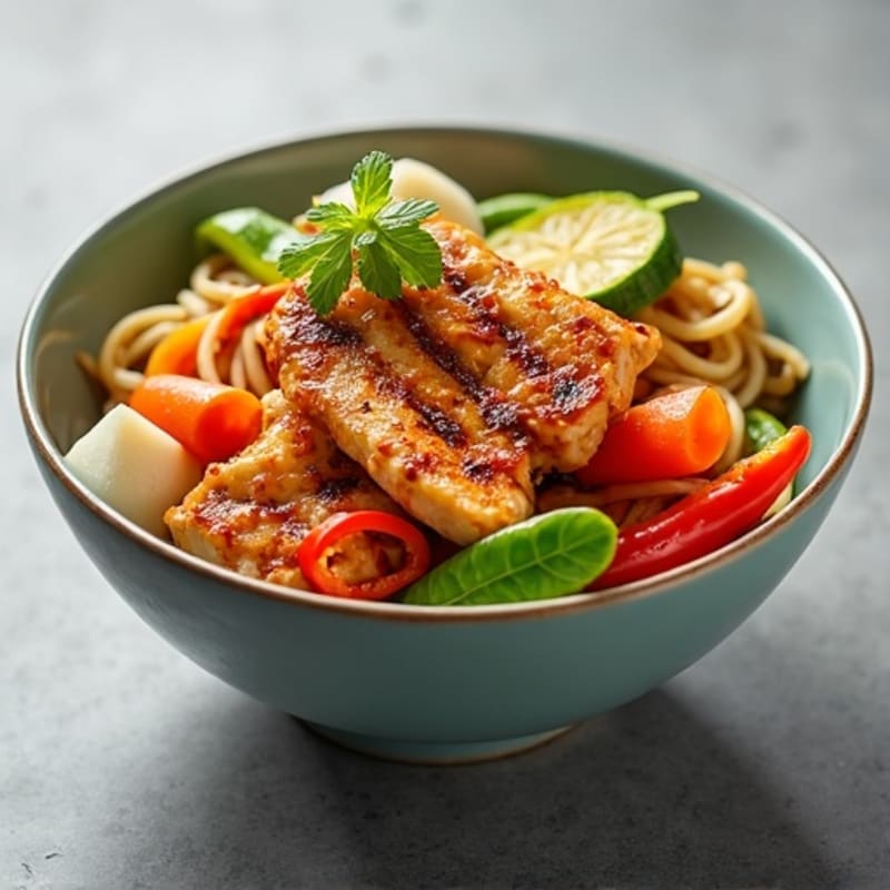 Spicy Sriracha Chicken and Fresh Vegetable Noodle Bowl