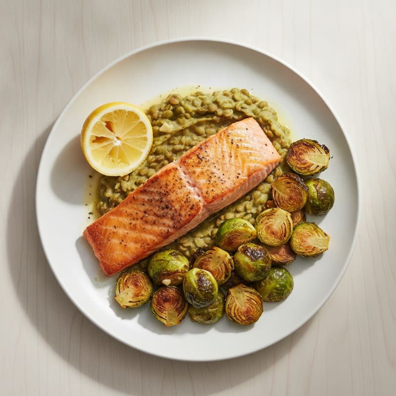 Seared Salmon Fillet with Roasted Brussels Sprouts and Lentil Mash