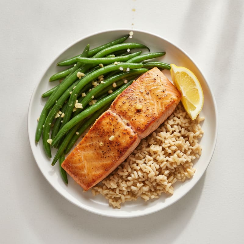 Seared Salmon Fillet with Garlic Green Beans and Brown Rice