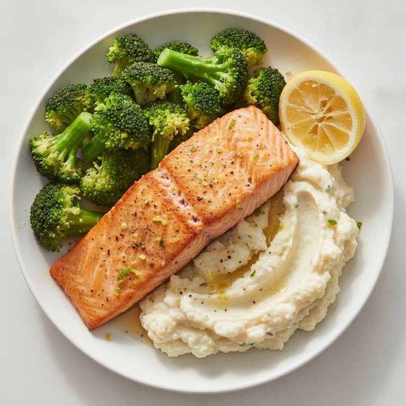 Baked Salmon with Steamed Broccoli and Garlic Mashed Cauliflower