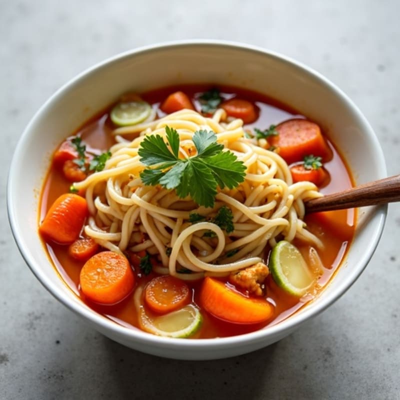 Spicy Sriracha Chicken and Fresh Vegetable Noodle Soup
