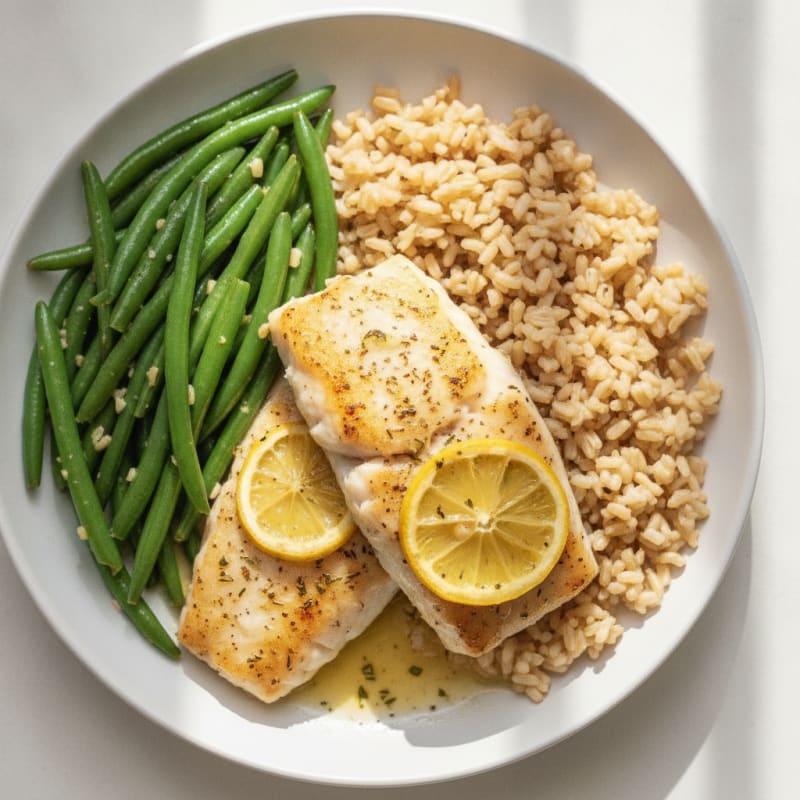 Baked Cod with Garlic Green Beans and Brown Rice
