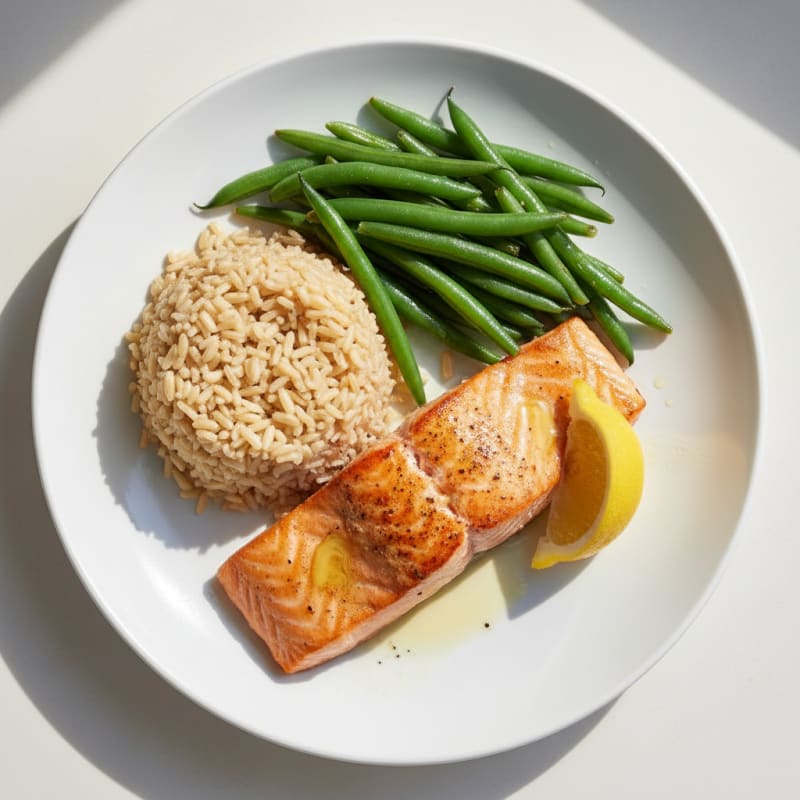 Seared Salmon with Steamed Green Beans and Brown Rice