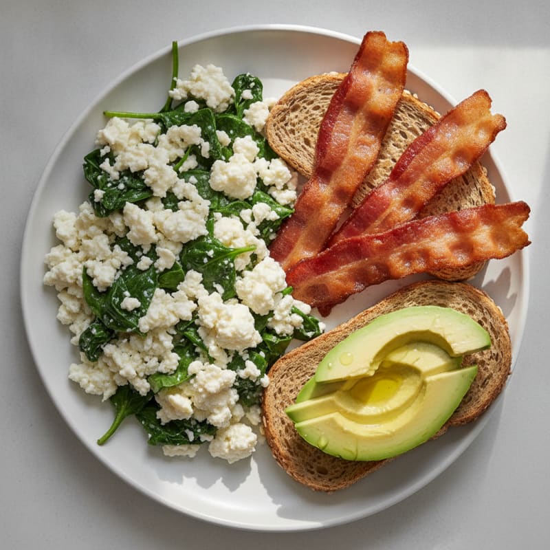 Egg White and Cottage Cheese Scramble with Spinach and Turkey Bacon
