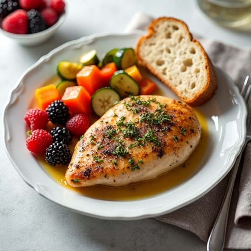 Herb-Roasted Chicken Breast with Roasted Vegetables and Fresh Fruit