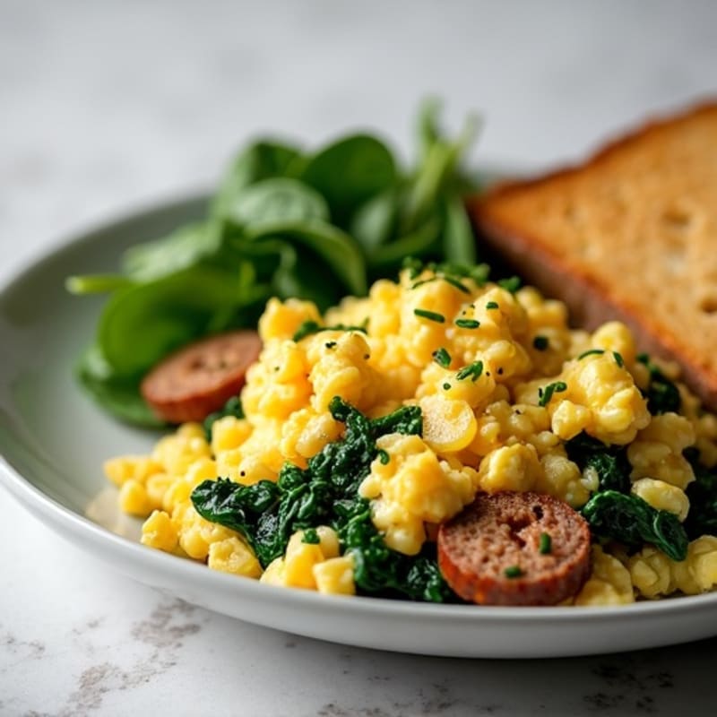 Egg White Scramble with Turkey Sausage and Sautéed Spinach