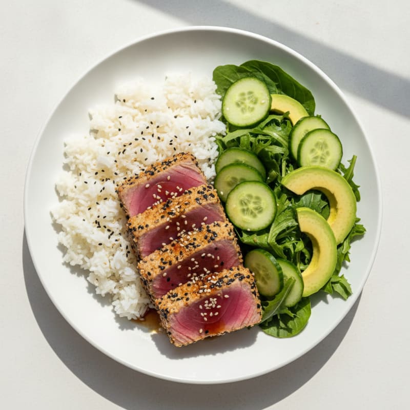 Seared Tuna with Steamed White Rice and Crunchy Green Salad
