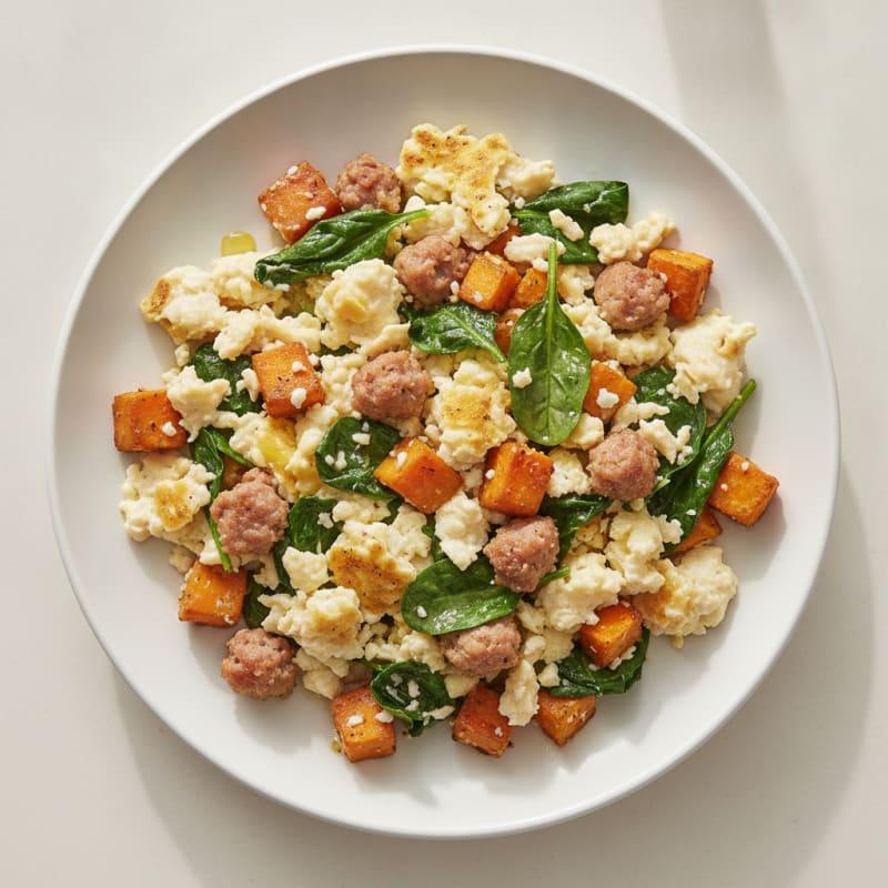 Egg White and Turkey Sausage Scramble with Spinach and Sweet Potato