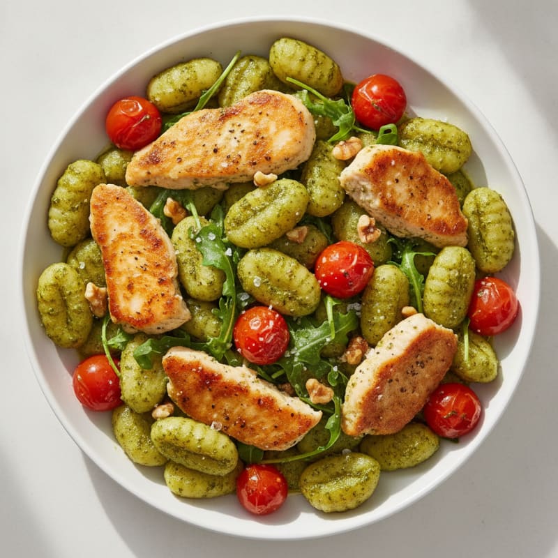 Gnocchi with Arugula Pesto and Cherry Tomatoes