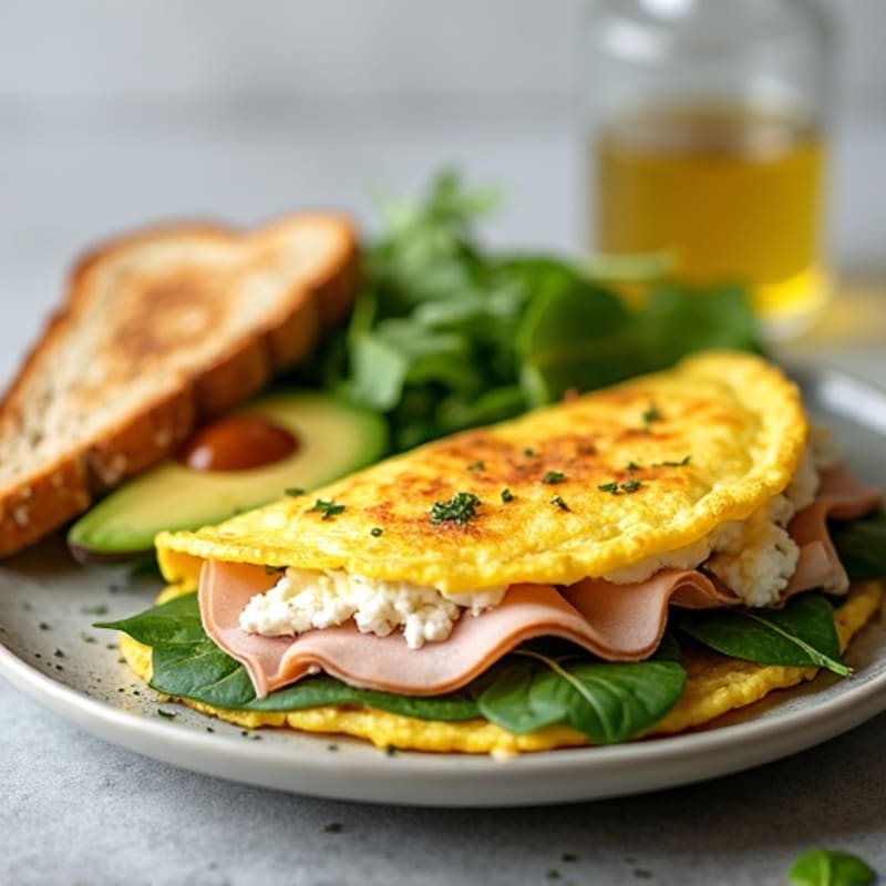 Egg White Spinach Omelette with Cottage Cheese and Sliced Turkey