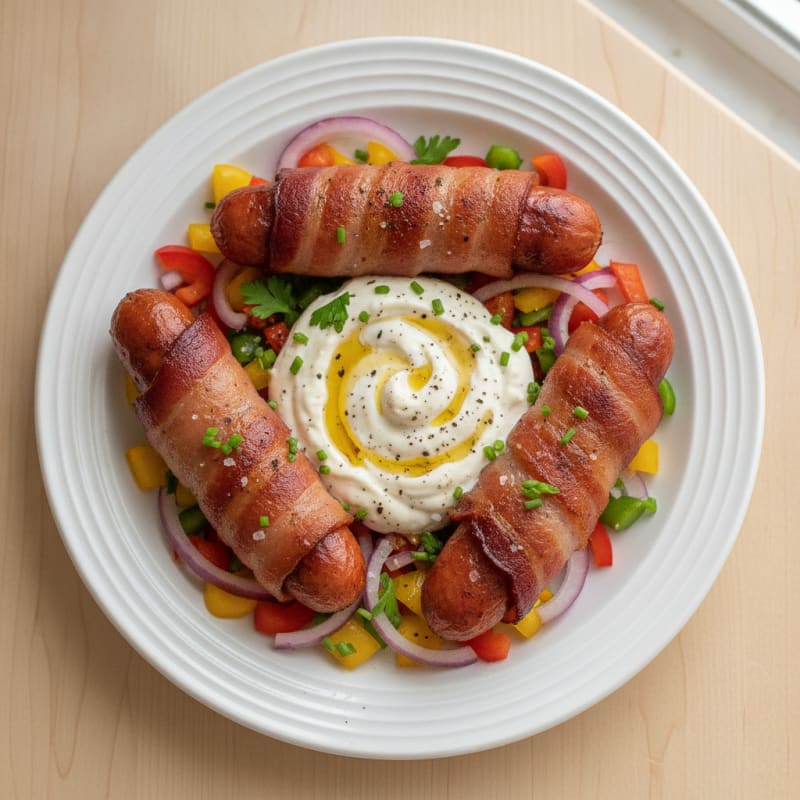 Bacon-Wrapped Turkey Hot Dogs with Zesty Yogurt Dip