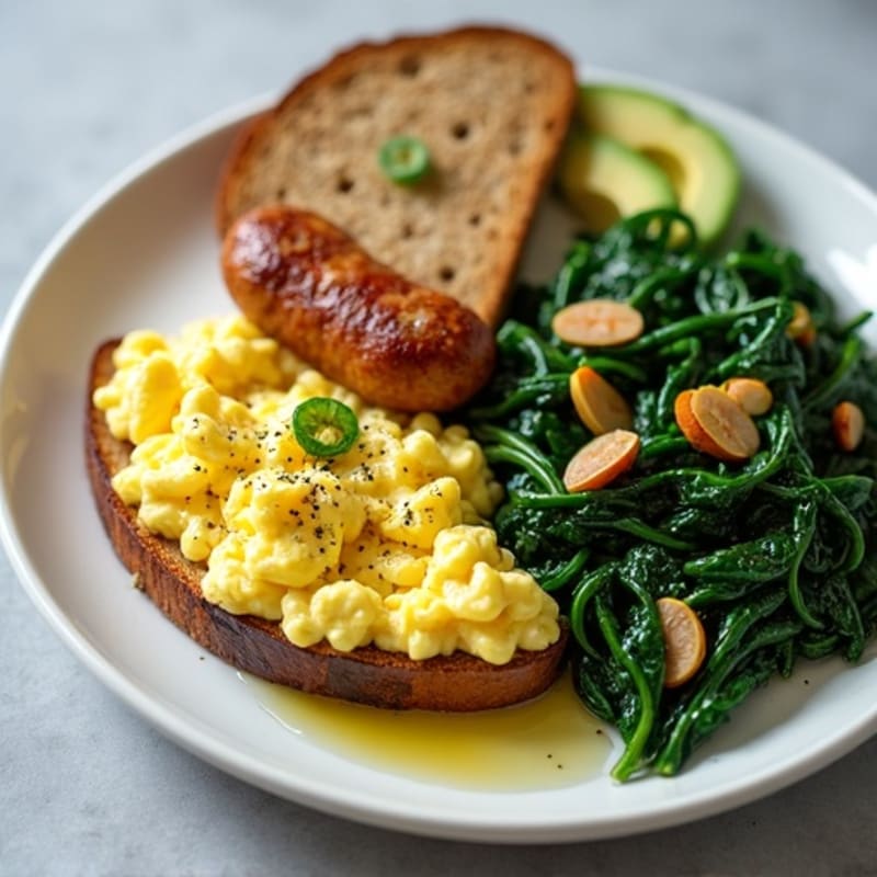 Egg White Scramble with Chicken Sausage and Sautéed Spinach