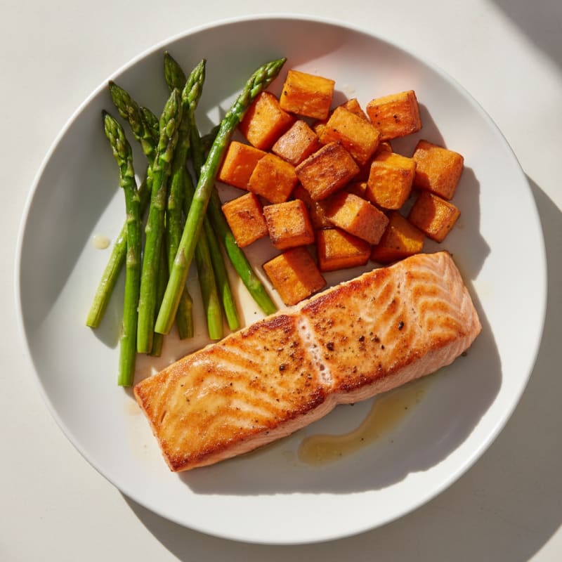 Seared Salmon with Roasted Sweet Potato and Asparagus