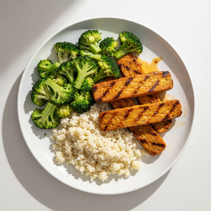 Grilled Tempeh with Steamed Broccoli and Cauliflower Rice