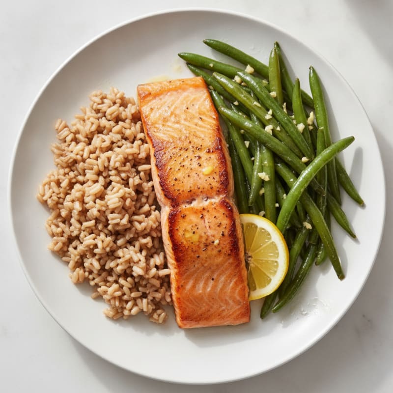 Seared Salmon Fillet with Garlic Green Beans and Brown Rice