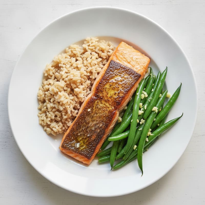Seared Salmon with Garlic Green Beans and Brown Rice
