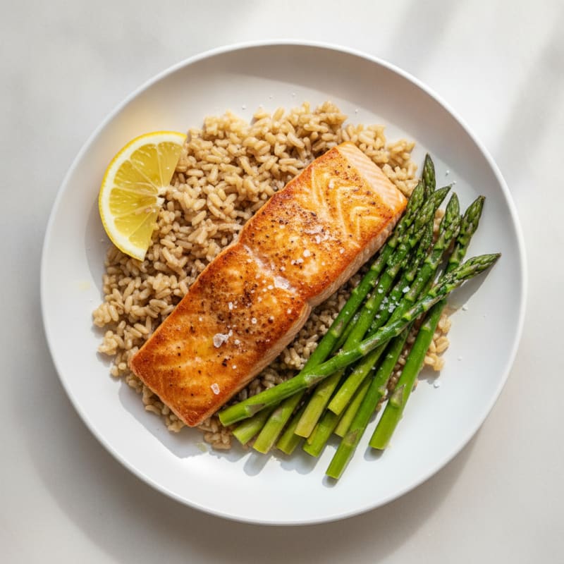 Seared Salmon with Steamed Asparagus and Brown Rice